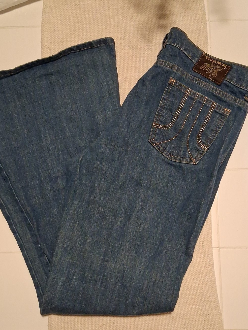 New UNISEX RUN&FLY DENIM BELLBOTTOM JEANS STONEWASHED SIZE 34S